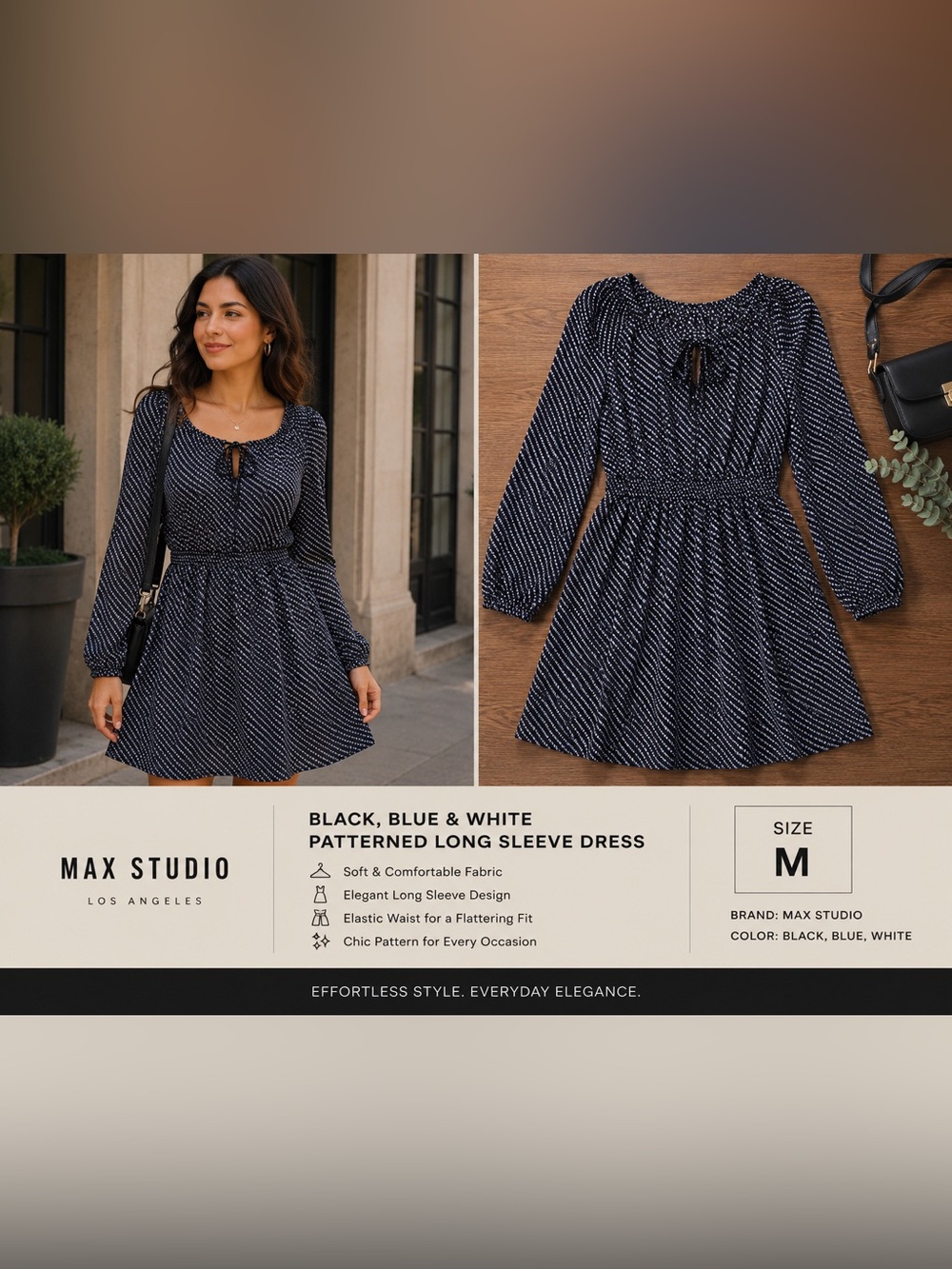 Max Studio Black, blue and White Patterned Long Sleeve Dress